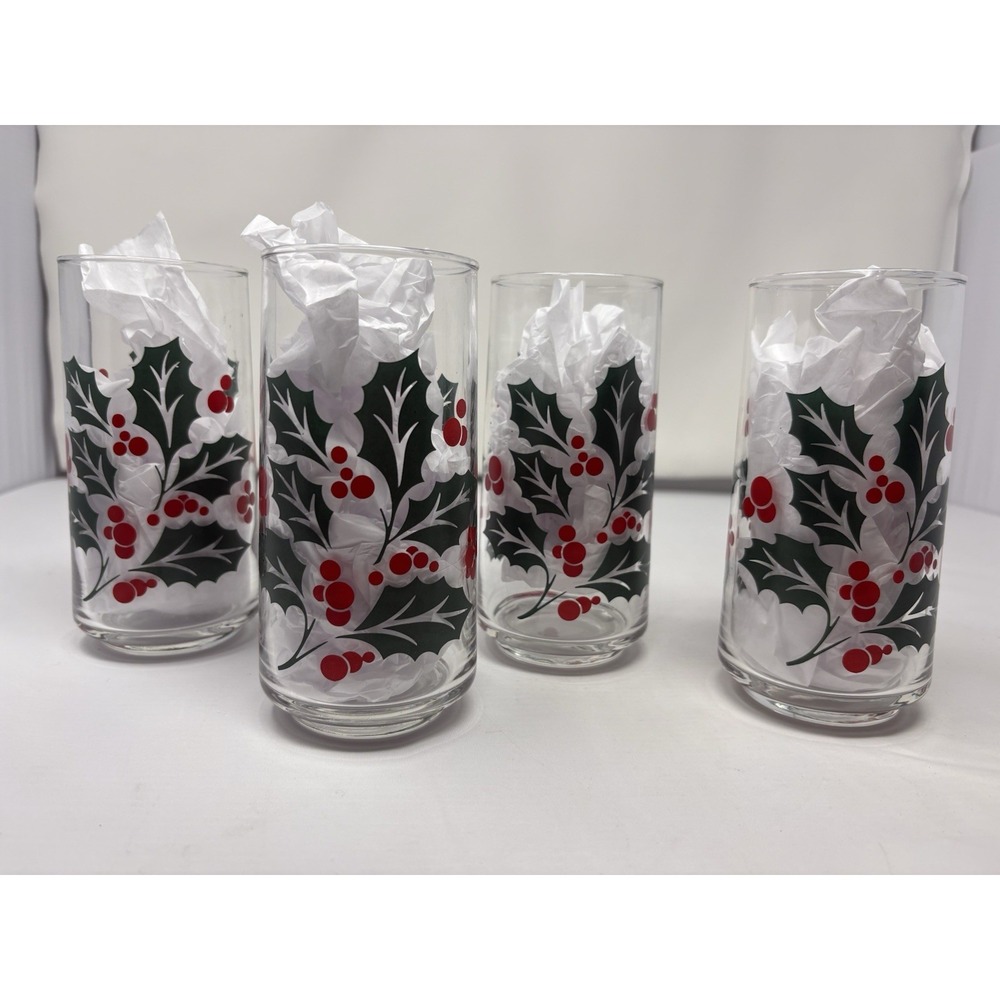 Vintage Christmas 16oz Glass Tumblers-Libbey CRISA Holly Berry Set 4 Red Green